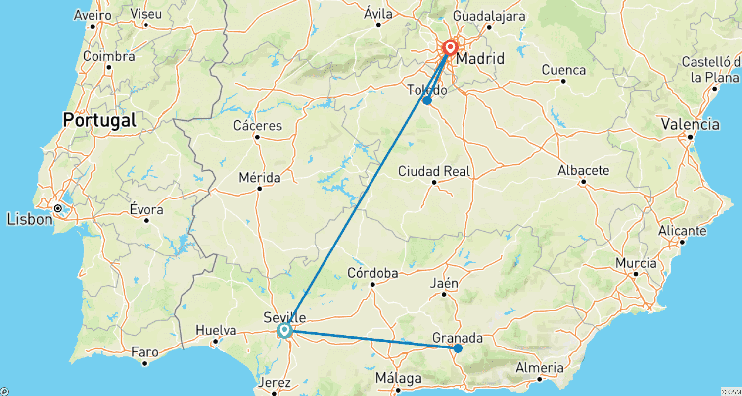 خريطة مسار Seville and Madrid in 7 days