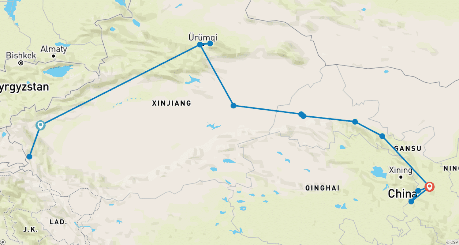 Mapa do percurso de Excursão pela Rota da Seda de Kashgar a Xiahe e Lanzhou, 14 Dias