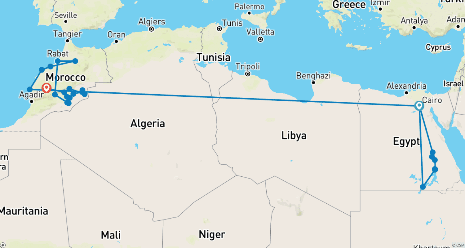 Mapa do percurso de 20 Dias Cairo, Casablanca, Rabat e muito mais.