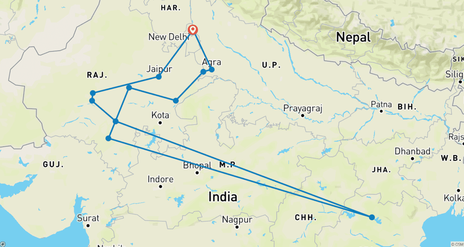 Mapa do percurso de Tour do Triângulo Dourado com Castelos Reais e Safári de Tigres