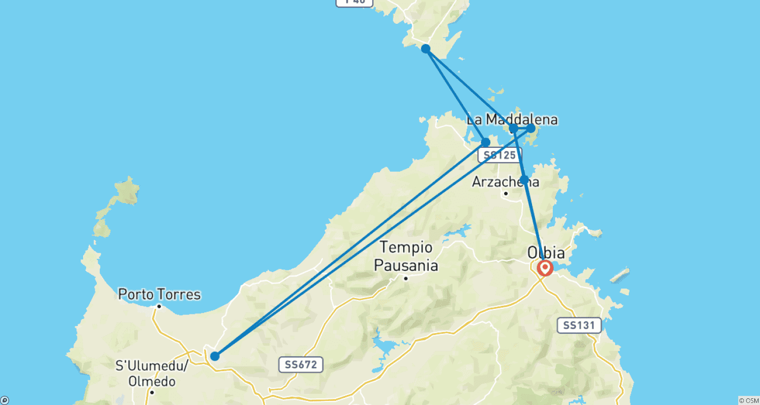 Mapa do percurso de Navegação Mediterrânea na Sardenha e Córsega