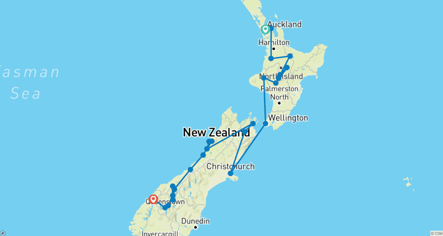 Mapa do percurso de Nova Zelândia Premium Abrangente (de Auckland a Milford Sound)