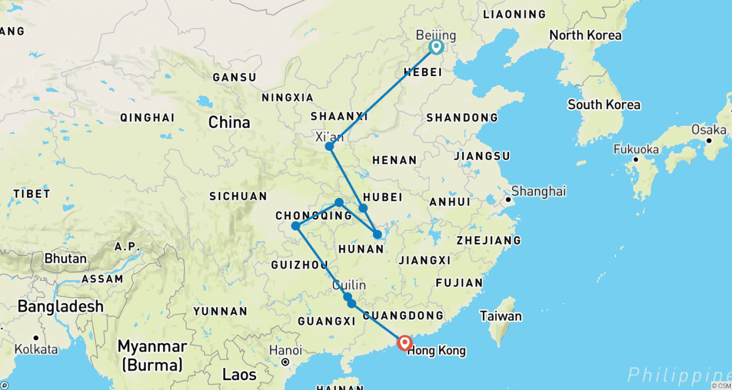 Mapa do percurso de 15 Dias Anel Dourado da China com Hong Kong (guia e motorista particulares) Tour Familiar Personalizável