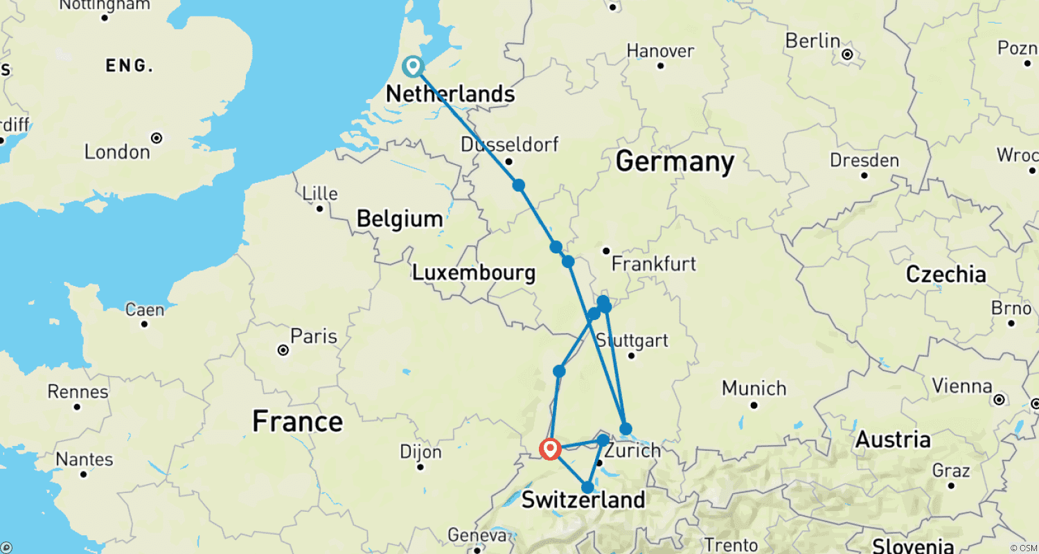 خريطة مسار Rhine Castles & Swiss Alps 2026