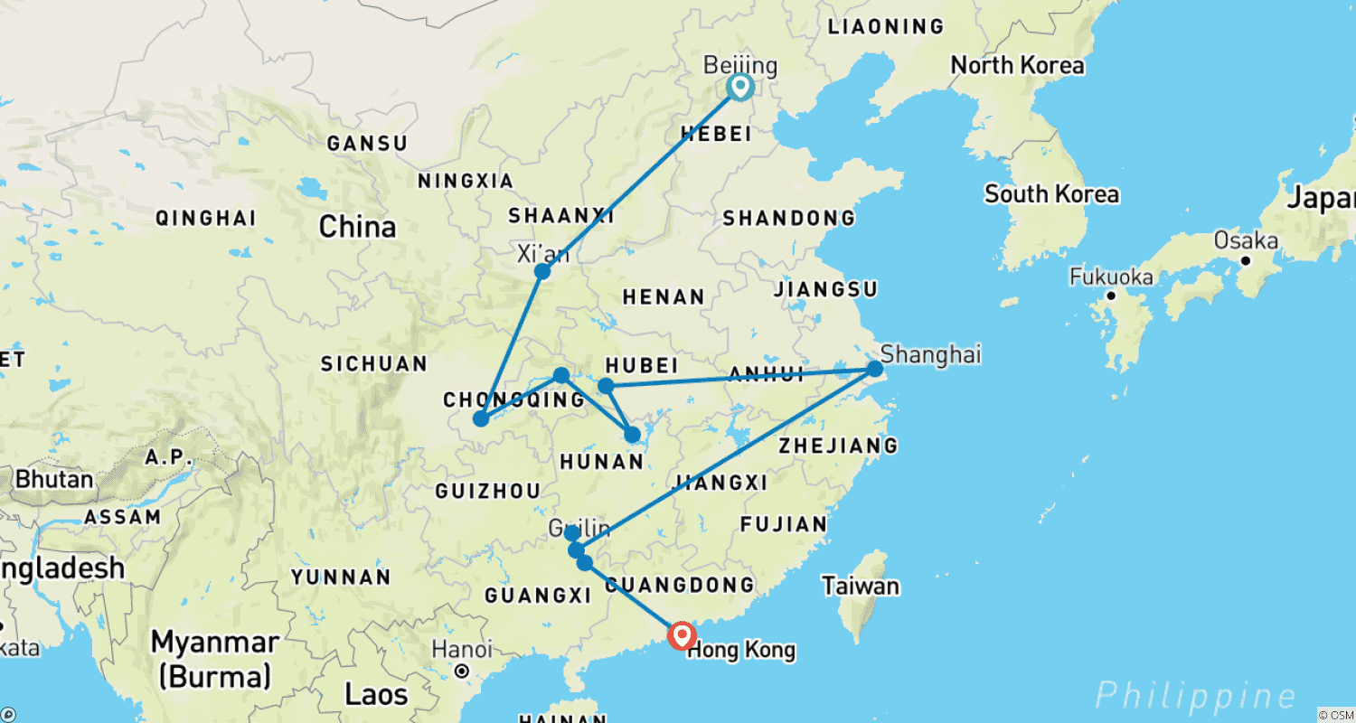 16日間 中国ハイライトと長江クルーズ (専属ガイド&ドライバー付き) 家族旅行 カスタマイズ可能のルートマップ