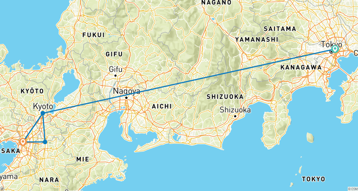 7日間 日本のお子様連れ体験型文化体験 (専用ガイド＆ドライバー付き)のルートマップ