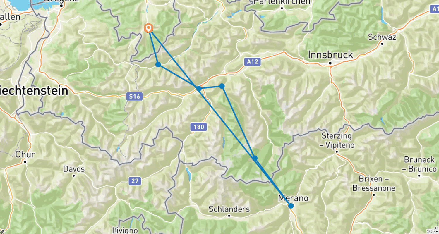 Mapa trasy: Prowadzona przeprawa alpejska szlakiem E5 - Klasyczna wycieczka od schroniska do schroniska z Oberstdorfu do Merano
