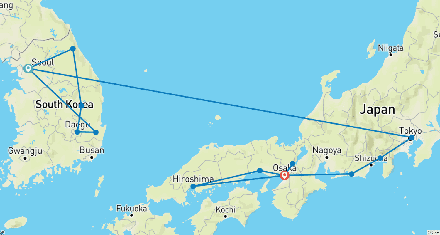 Mapa do percurso de 15 Dias: Imagine Descobertas Infinitas no Japão e na Coreia do Sul