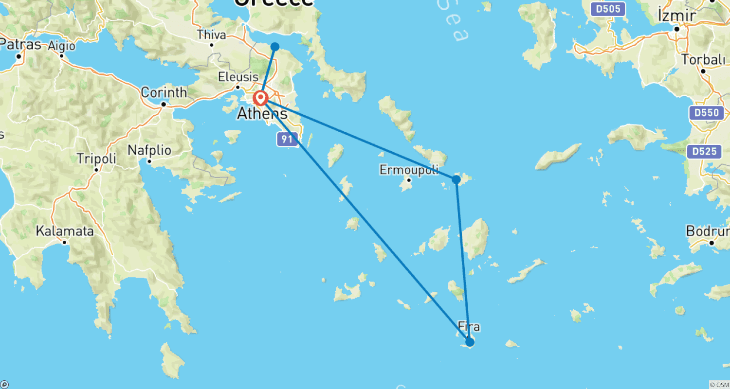 Mapa trasy: ARTEMIS: Ateny, Meteora, Mykonos i Santorini (wycieczki, promy i lot)