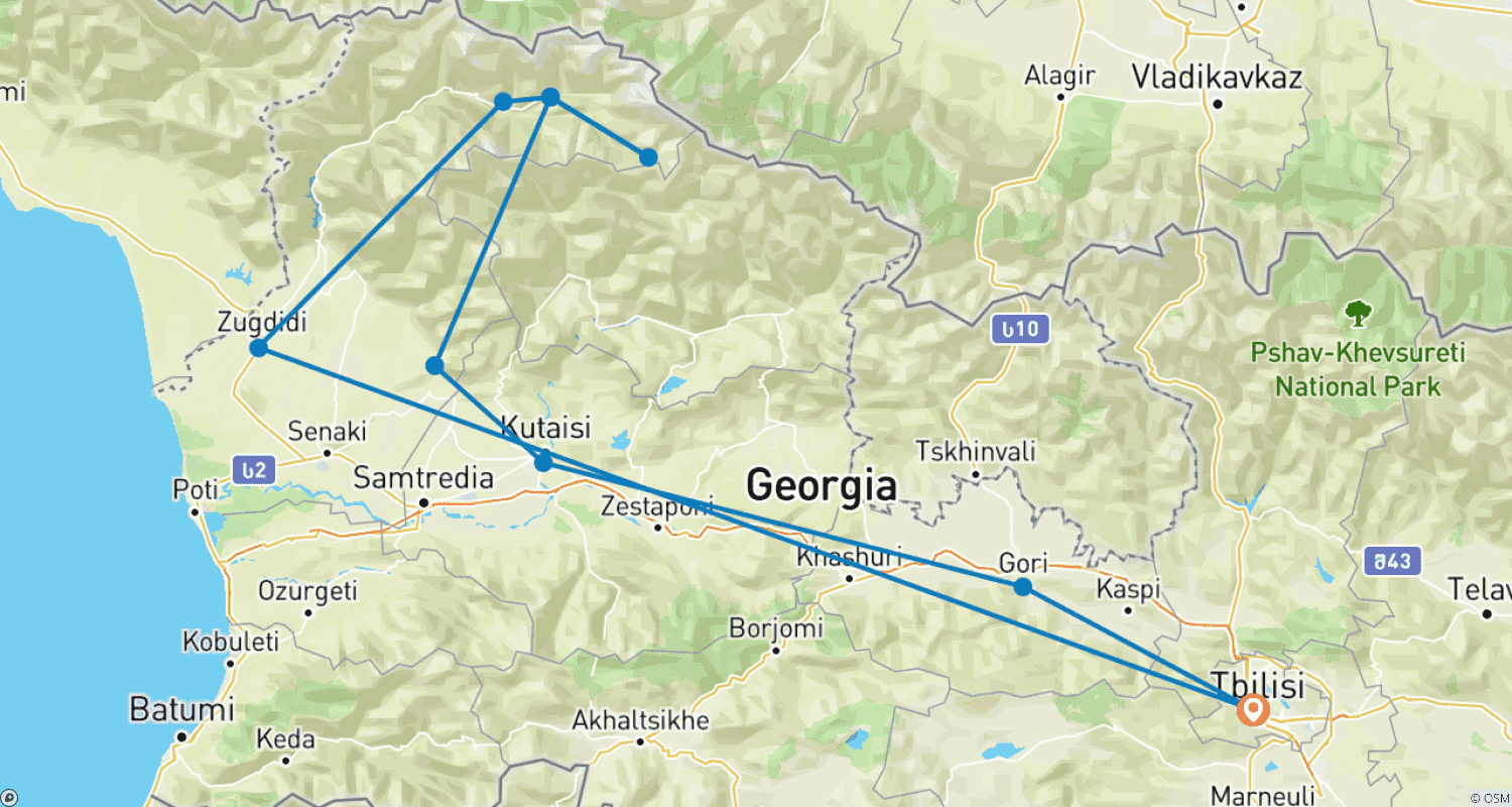 Mapa do percurso de Caminhada nas Montanhas do Cáucaso da Geórgia