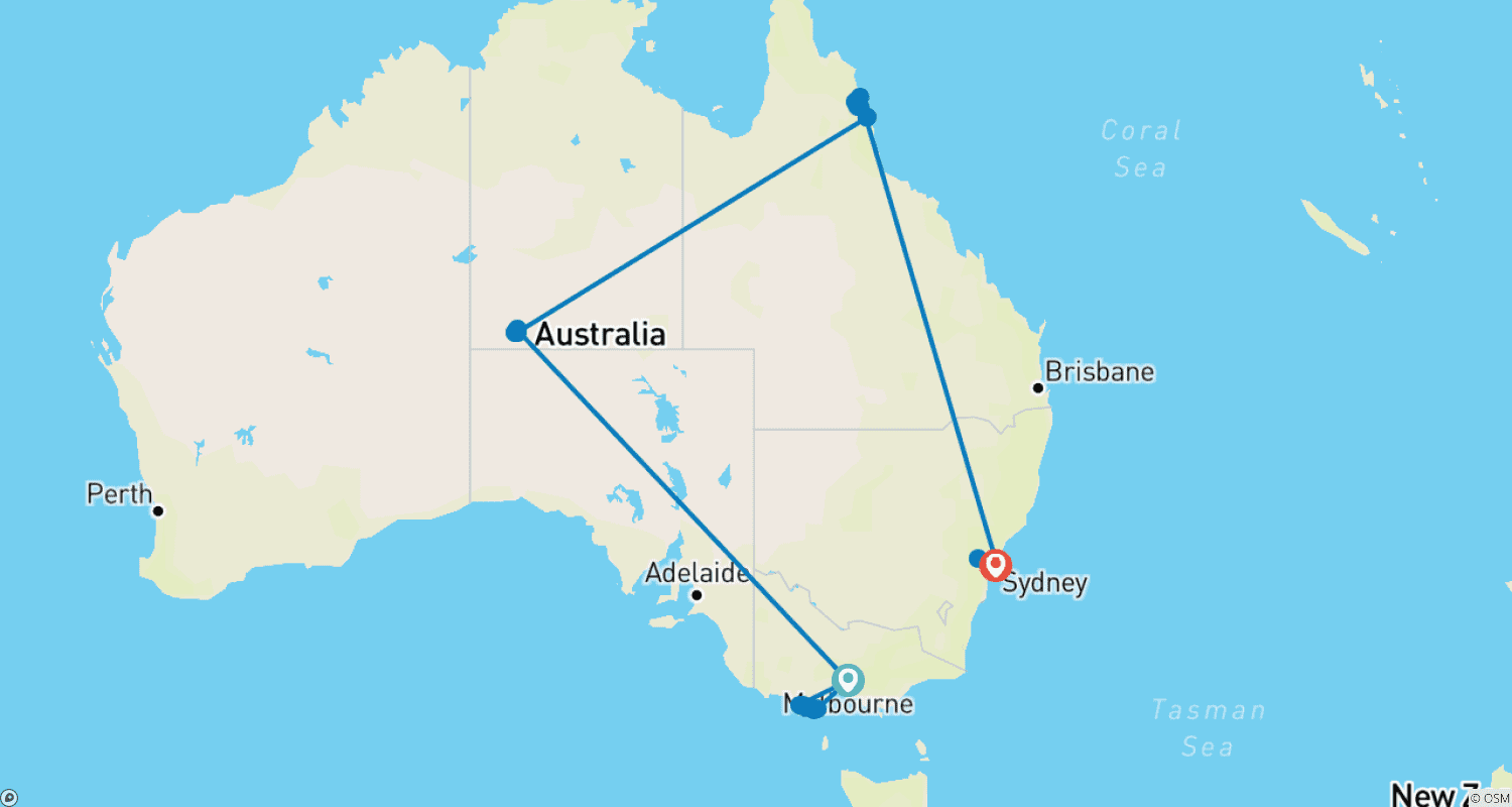 Mapa trasy: Najlepsze z Australii z wycieczkami krajoznawczymi