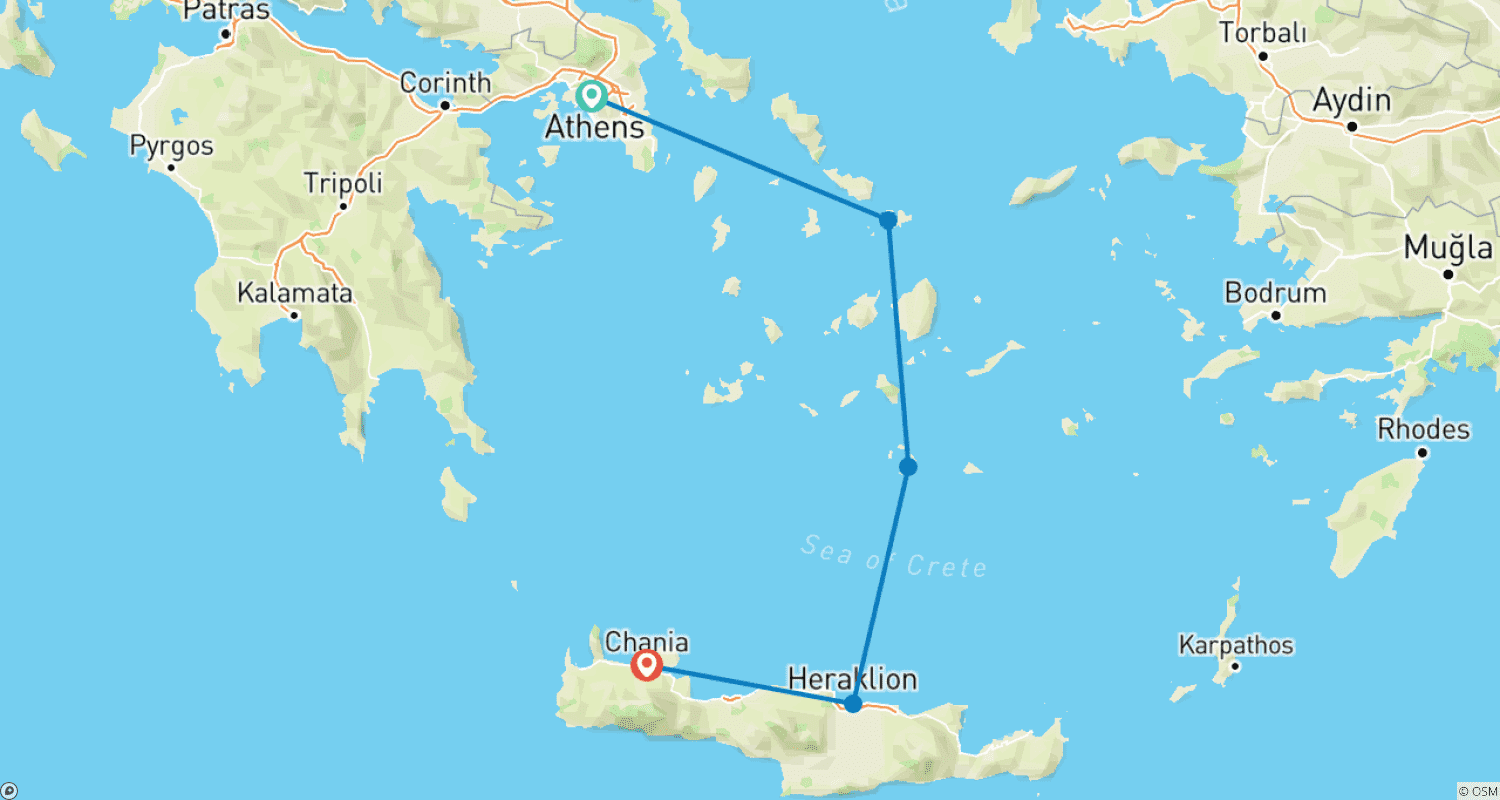 Mapa do percurso de MINOTAURO: Atenas, Mykonos, Santorini, Creta, Heraklion e Chania