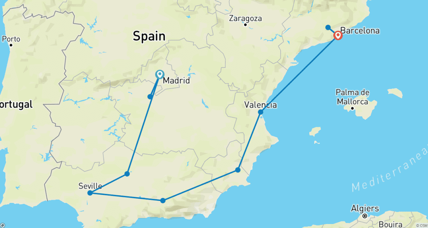 Mapa do percurso de Clássicos da Espanha (Madri a Barcelona)