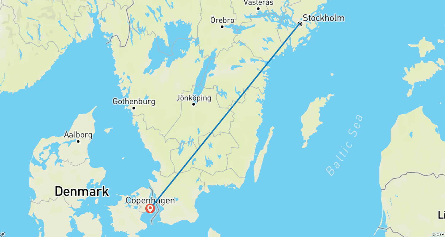 Mapa do percurso de Estocolmo e Copenhague de Trem