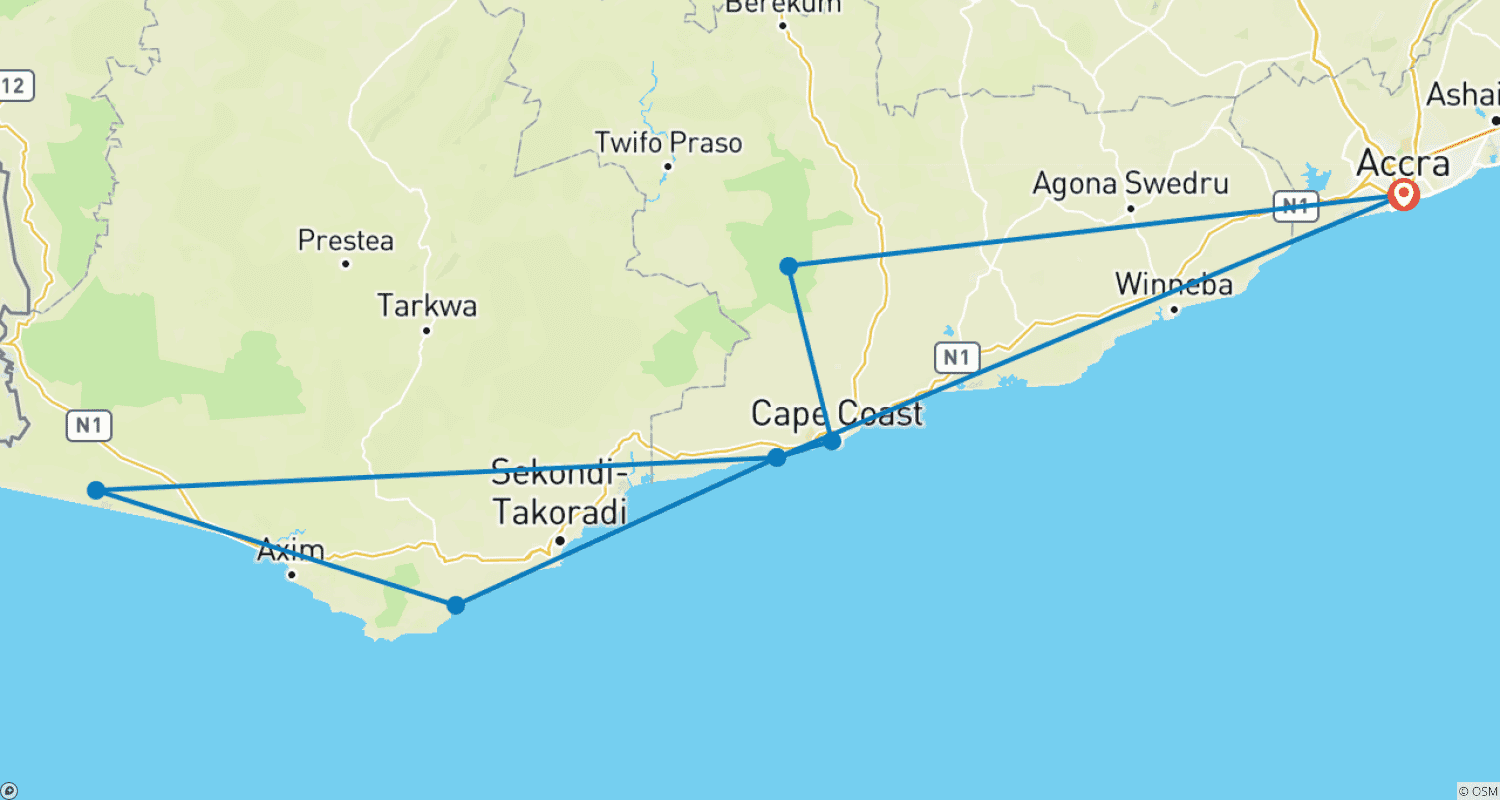 Mapa do percurso de Experiência de Patrimônio da Costa do Ouro a Gana
