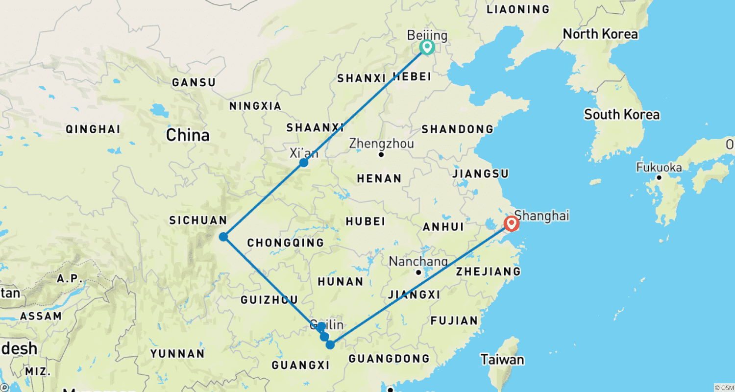 パンダと中国の真髄を巡る13日間家族旅行（プライベートガイド＆ドライバー付き）のルートマップ