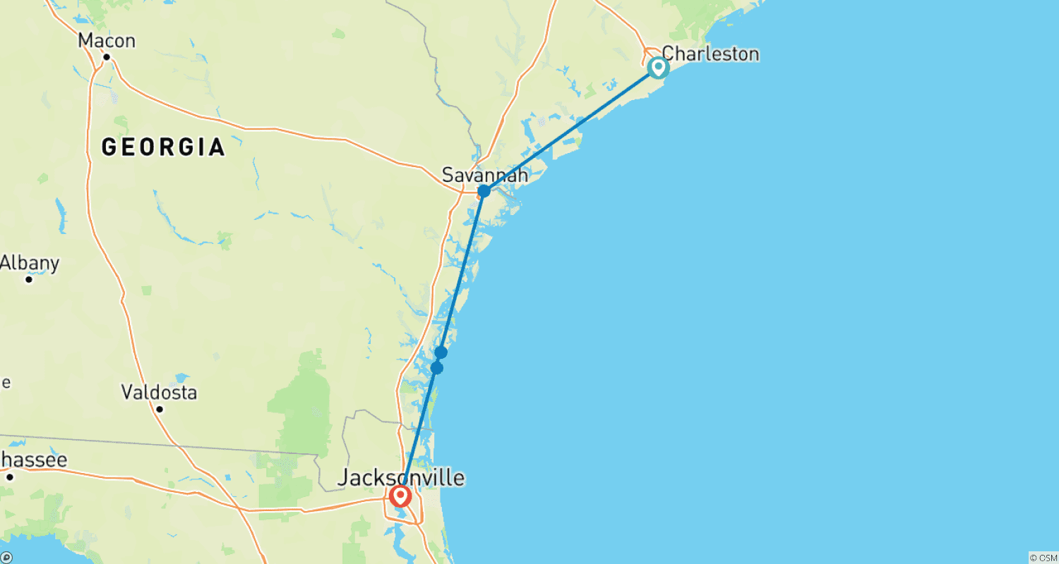Mapa do percurso de Férias com Charme Sulista (Charleston, SC a Jekyll Island, GA) (2027)