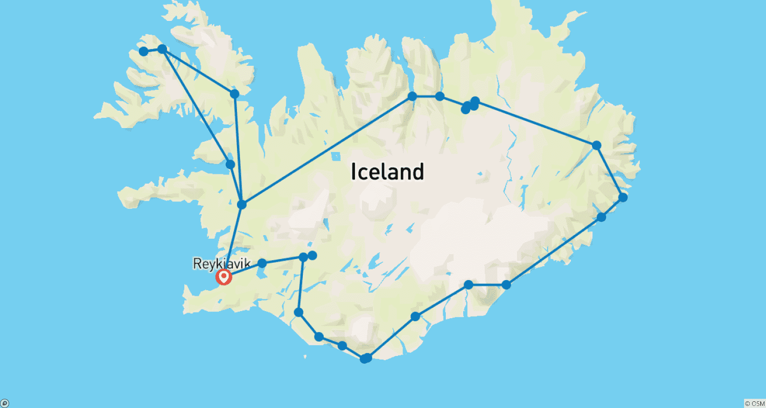12 Days Combo Northern Lights Secrets - Westfjords & Guided Iceland Circleのルートマップ