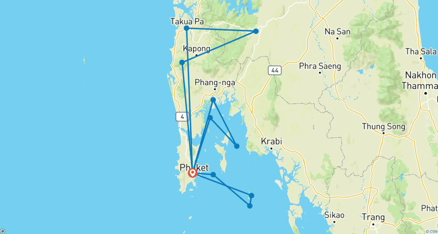 Mapa trasy: Południowa Tajlandia 10 Dni - Phuket/Khao Sok/Khao Lak