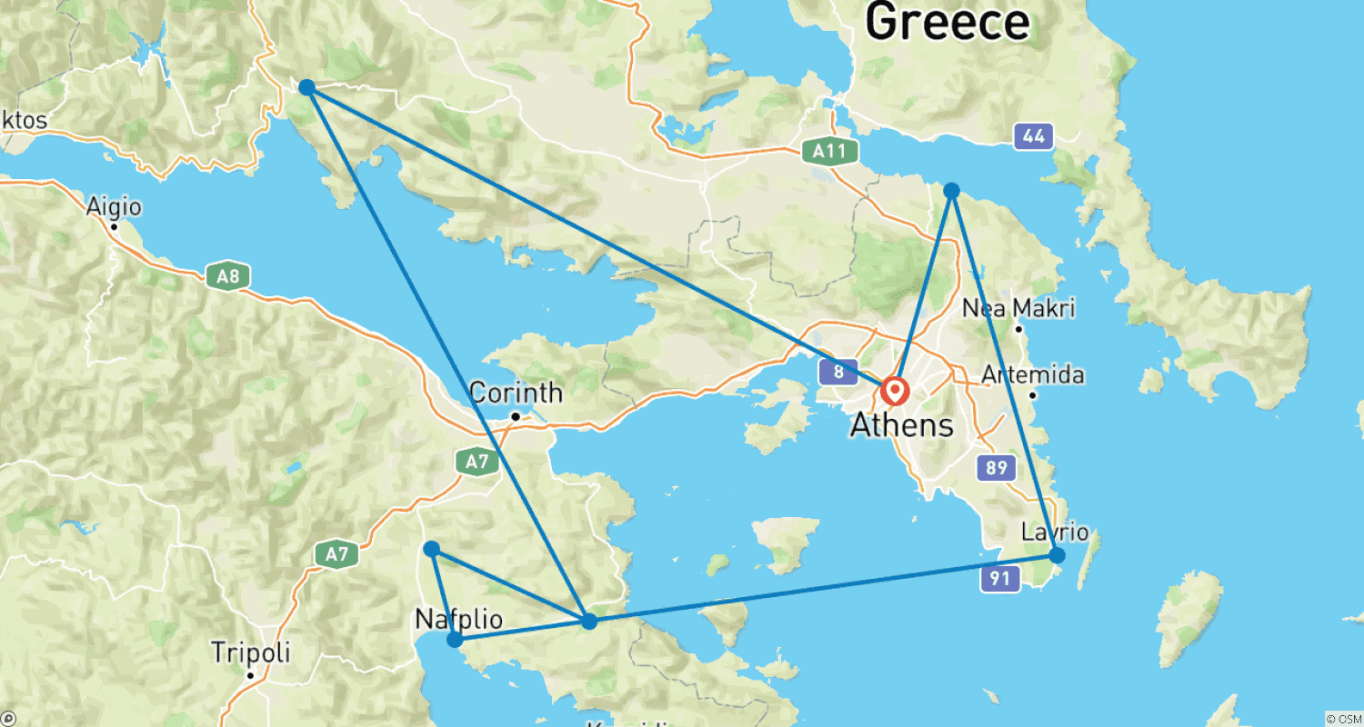 خريطة مسار 6 Day Athens Adventure including Delphi, Mycenae, Nafplio, Cape Sounion & Meteora