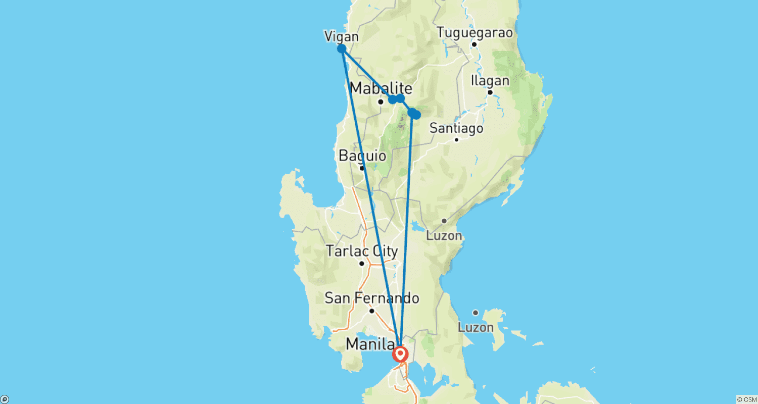 Mapa do percurso de Tour de 7 Dias pela História e Cultura Filipina (Privado e Personalizado)