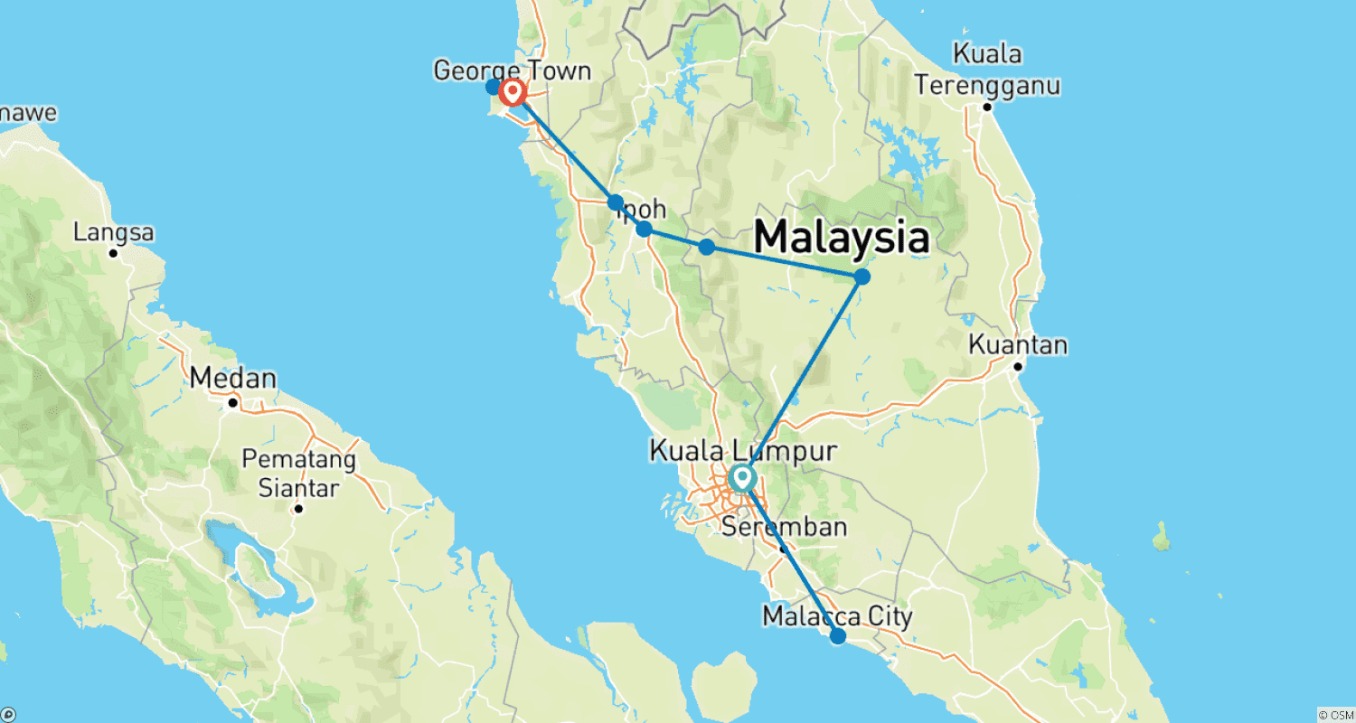 マレーシア西部11日間ベストツアー(プライベートカスタム)のルートマップ