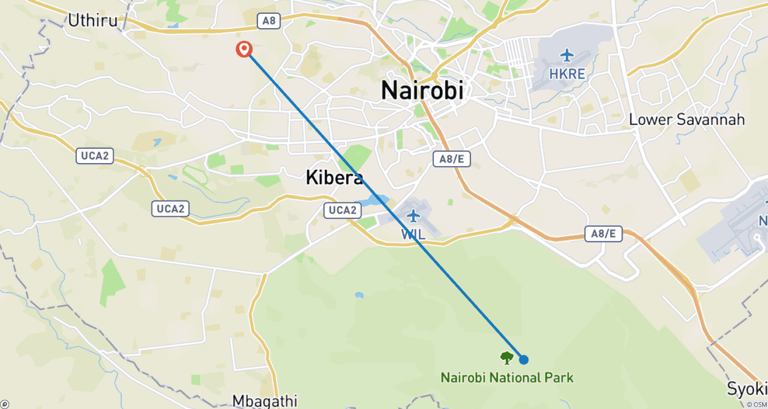 Mapa do percurso de Safári no Parque Nacional de Nairobi