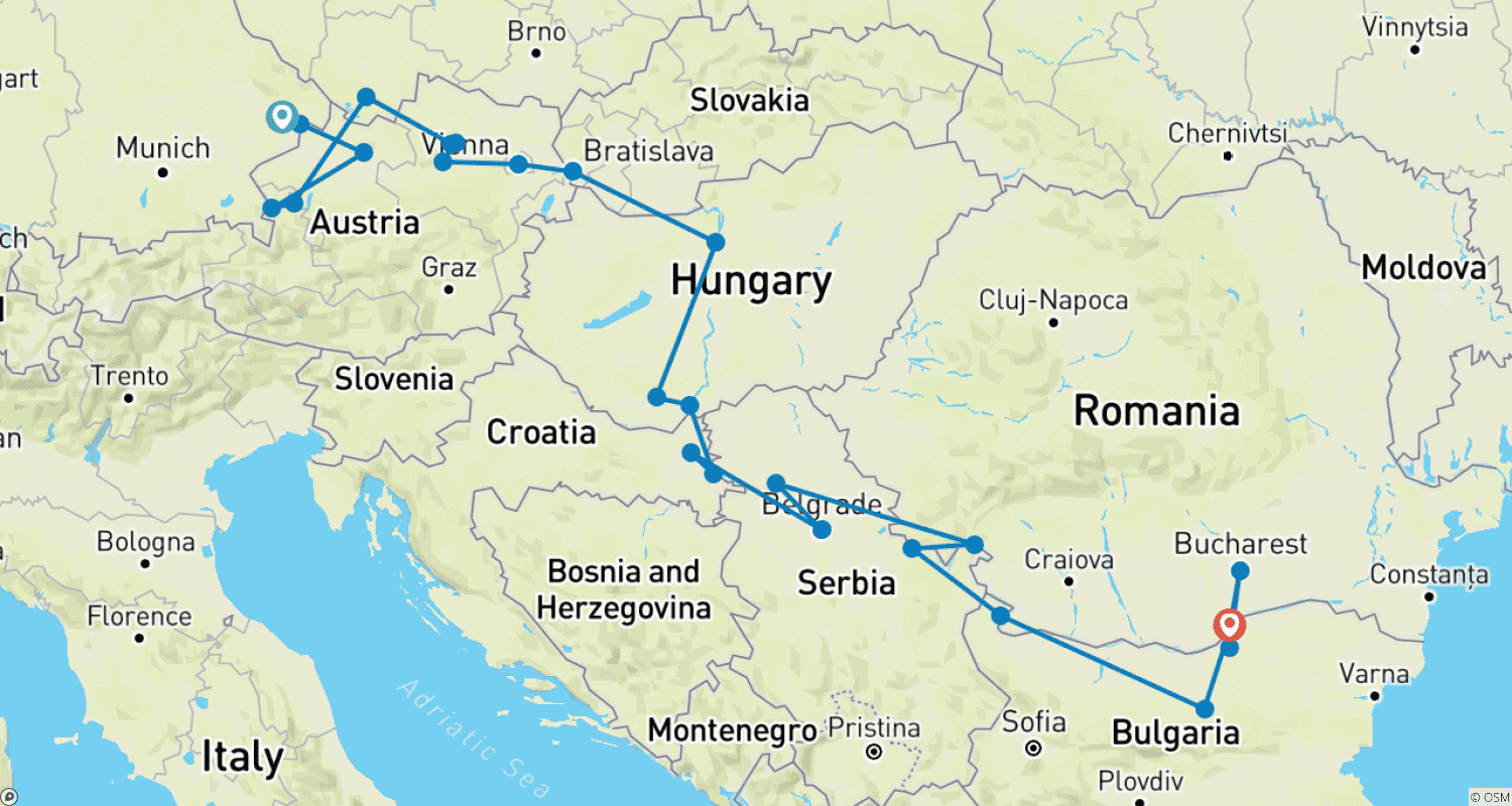 خريطة مسار Grand Danube Cruise 2026 Start Vilshofen, End Giurgiu