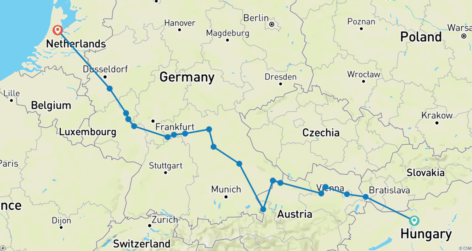Mapa trasy: Wspaniała Europa 2026 Początek w Budapeszcie, koniec w Amsterdamie