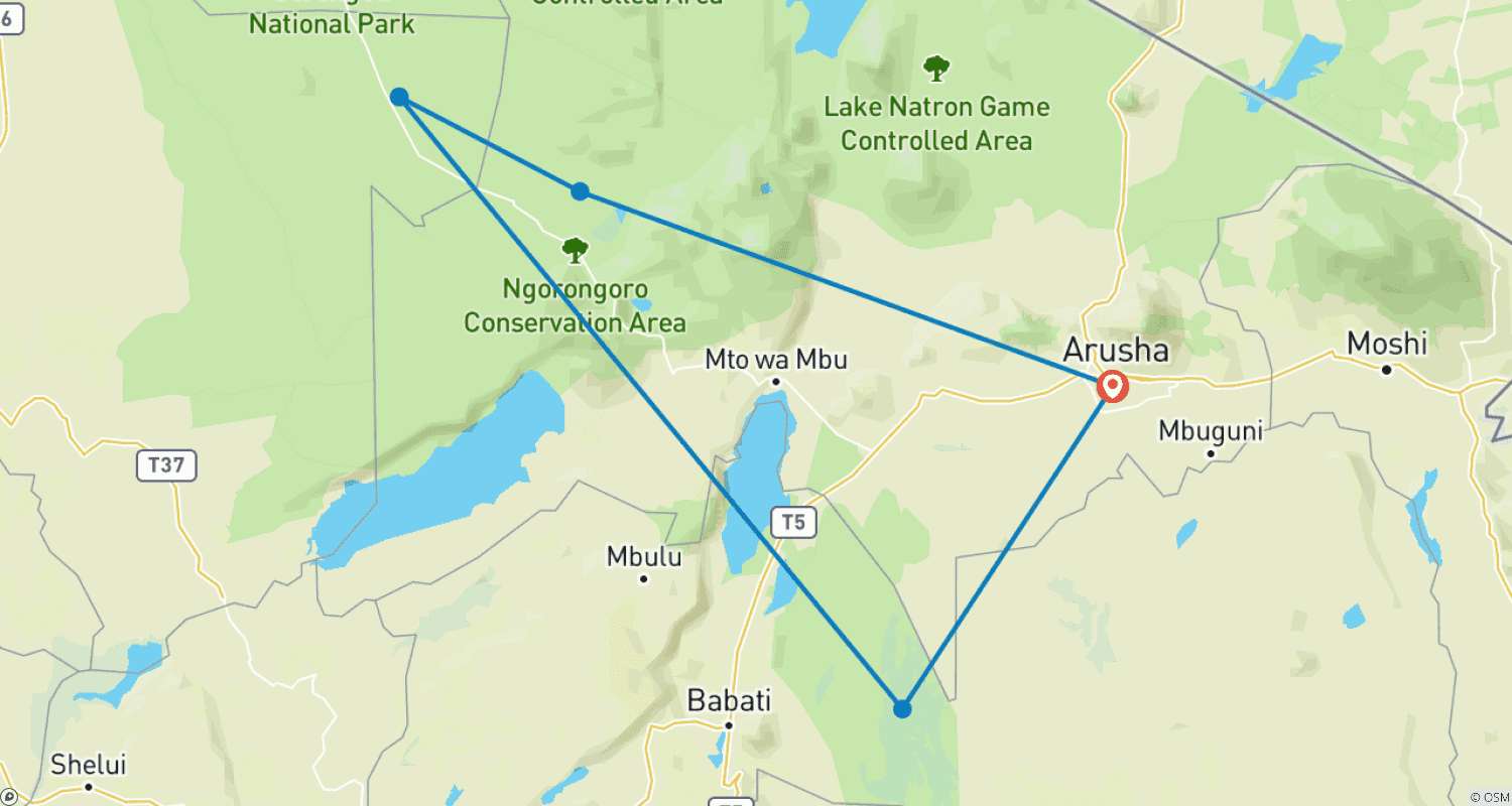 Mapa do percurso de Safari de Luxo Privado de 5 Dias: Tarangire, Serengeti & Ngorongoro