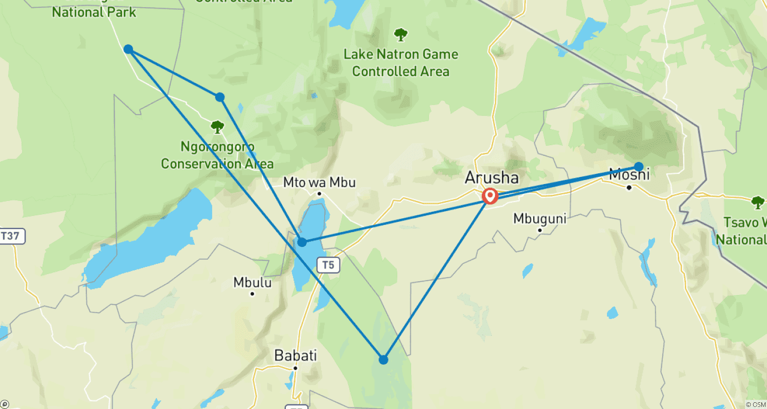 Mapa do percurso de Safari de Luxo Privado de 10 Dias na Tanzânia