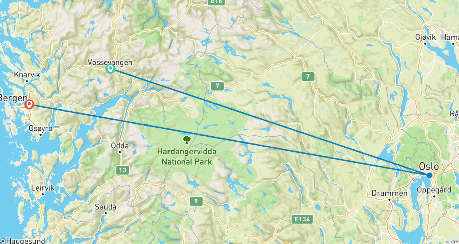 Mapa do percurso de Aventura de Primavera de 5 Dias na Noruega dos Fiordes