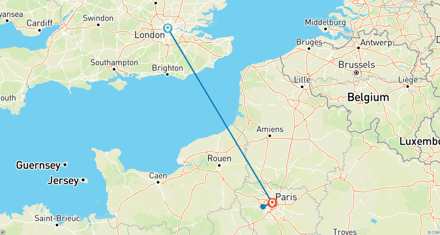 Mapa do percurso de Londres e Paris (De Londres a Paris) (2025)