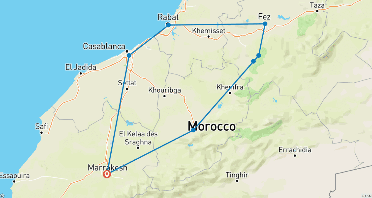 Mapa do percurso de De Marraquexe: Privado de 3 Dias Cidades Imperiais Via Montanhas do Atlas (Hotéis 4 Estrelas)