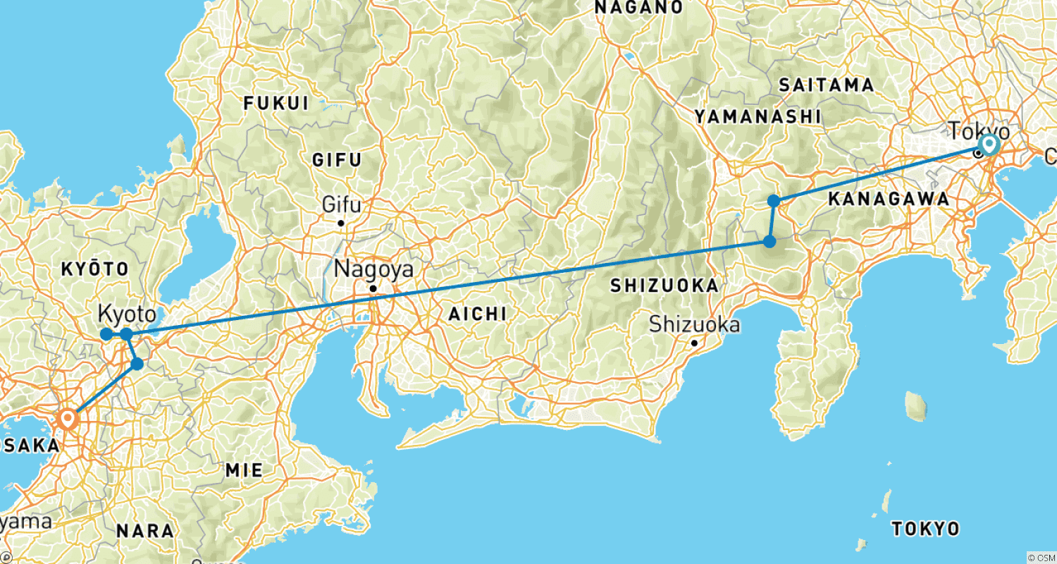 Mapa do percurso de 10 Dias de Extravagância em Família no Japão (guia e motorista particulares)