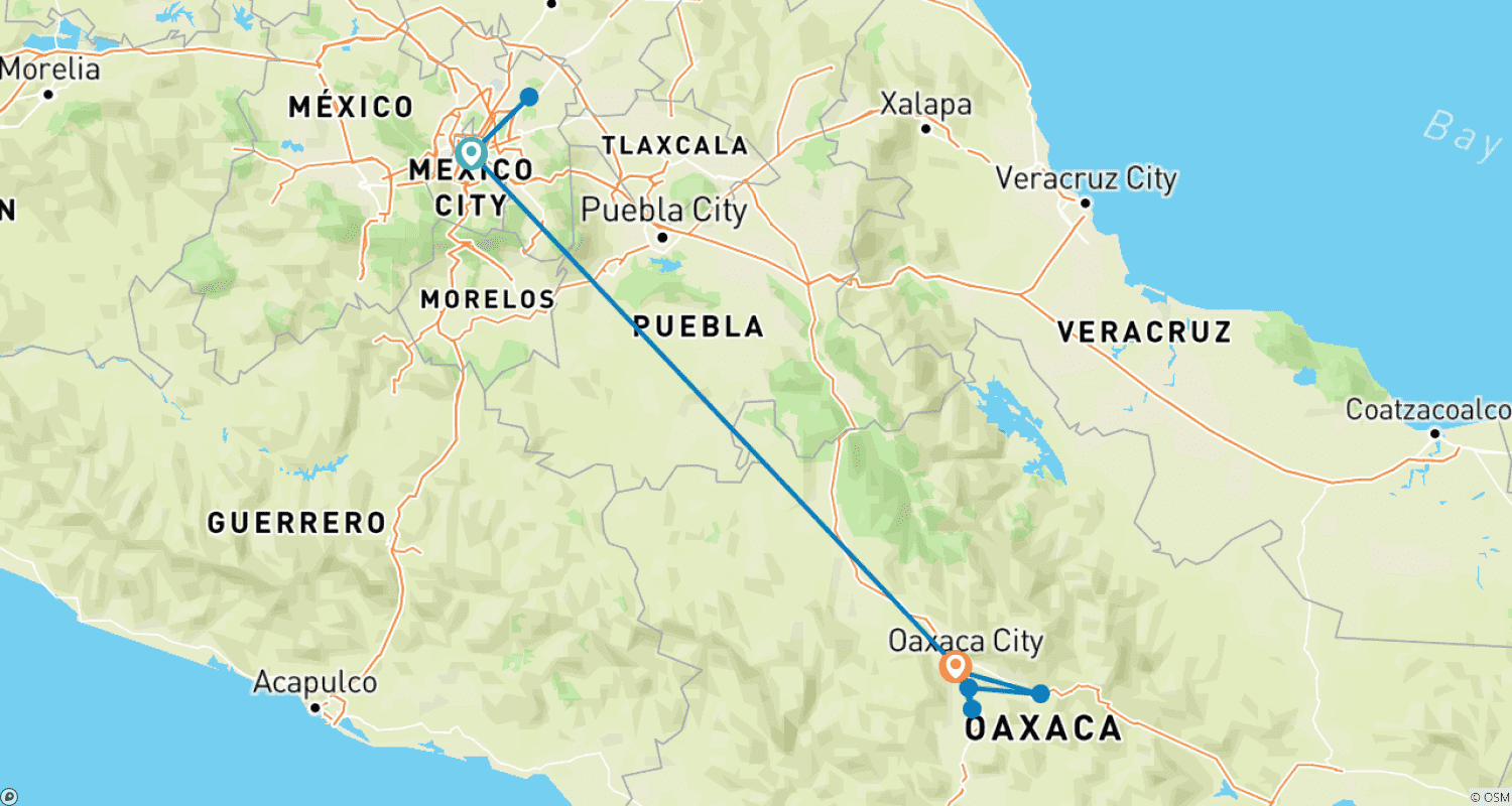 Mapa trasy: Najlepsze z Meksyku i Oaxaca: Jedzenie, historia, kultura i rzemieślnicy (7 dni)