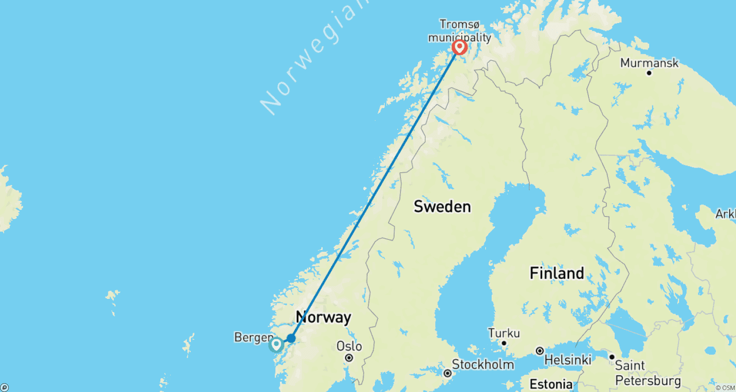 Mapa do percurso de 7 Dias de Esqui nos Fiordes da Noruega e Aurora em Tromsø