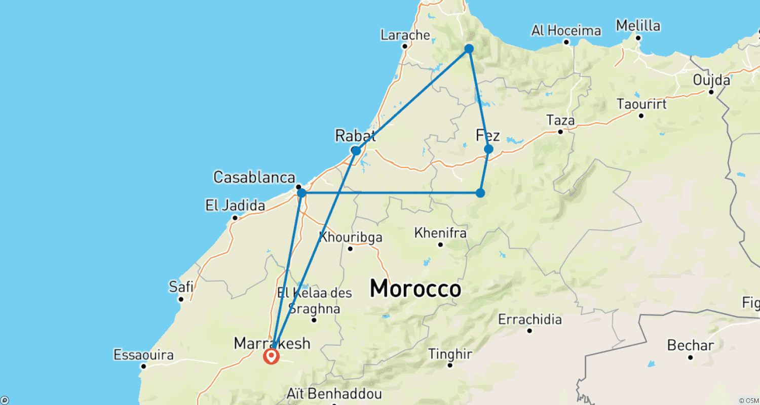 خريطة مسار من مراكش: جولة خاصة لمدة 4 أيام لمدن المغرب الإمبراطورية عبر شفشاون (فنادق 4 نجوم)