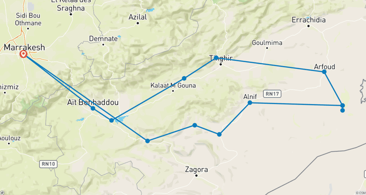 Mapa do percurso de From Marrakech : 4-Day Private Merzouga Desert Tour & Luxury Camp