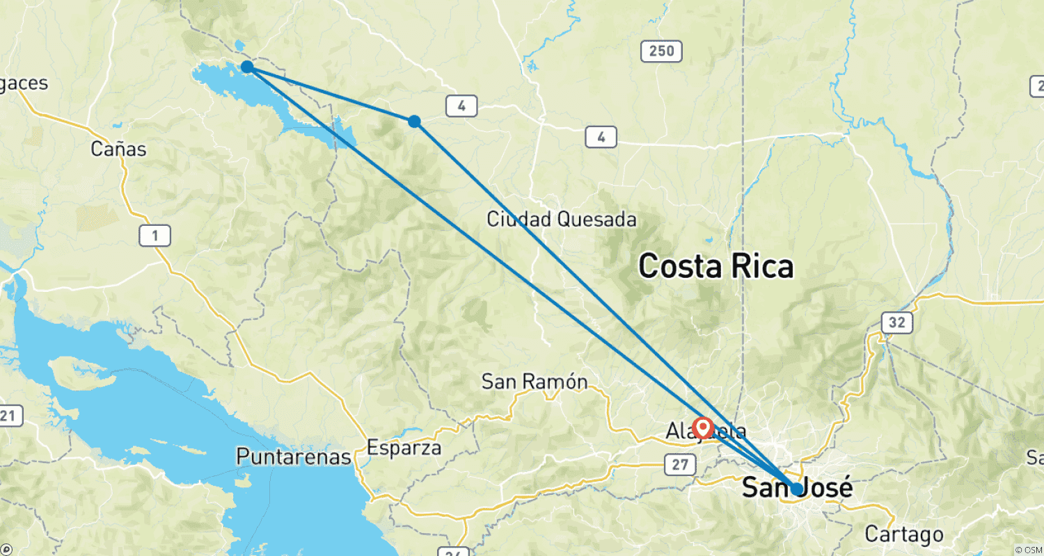 8-Day Costa Rica Luxury Tourのルートマップ