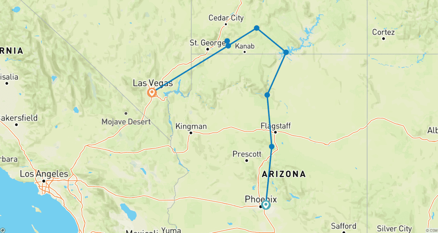 Mapa trasy: Canyon Country featuring Arizona & Utah (Scottsdale, AZ to Las Vegas, NV) (2026)