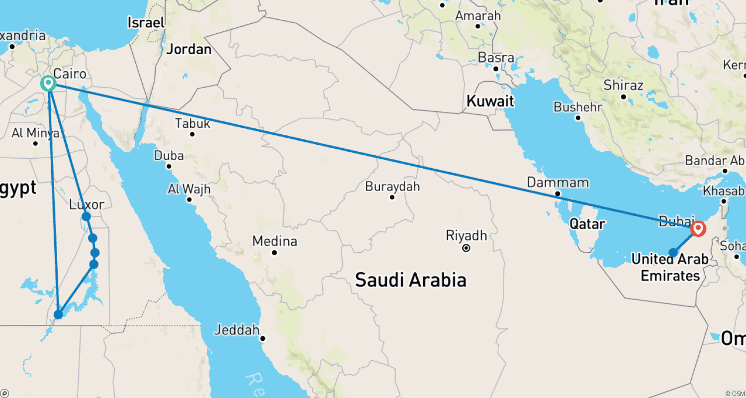 11-Day Egypt and Dubai Adventureのルートマップ