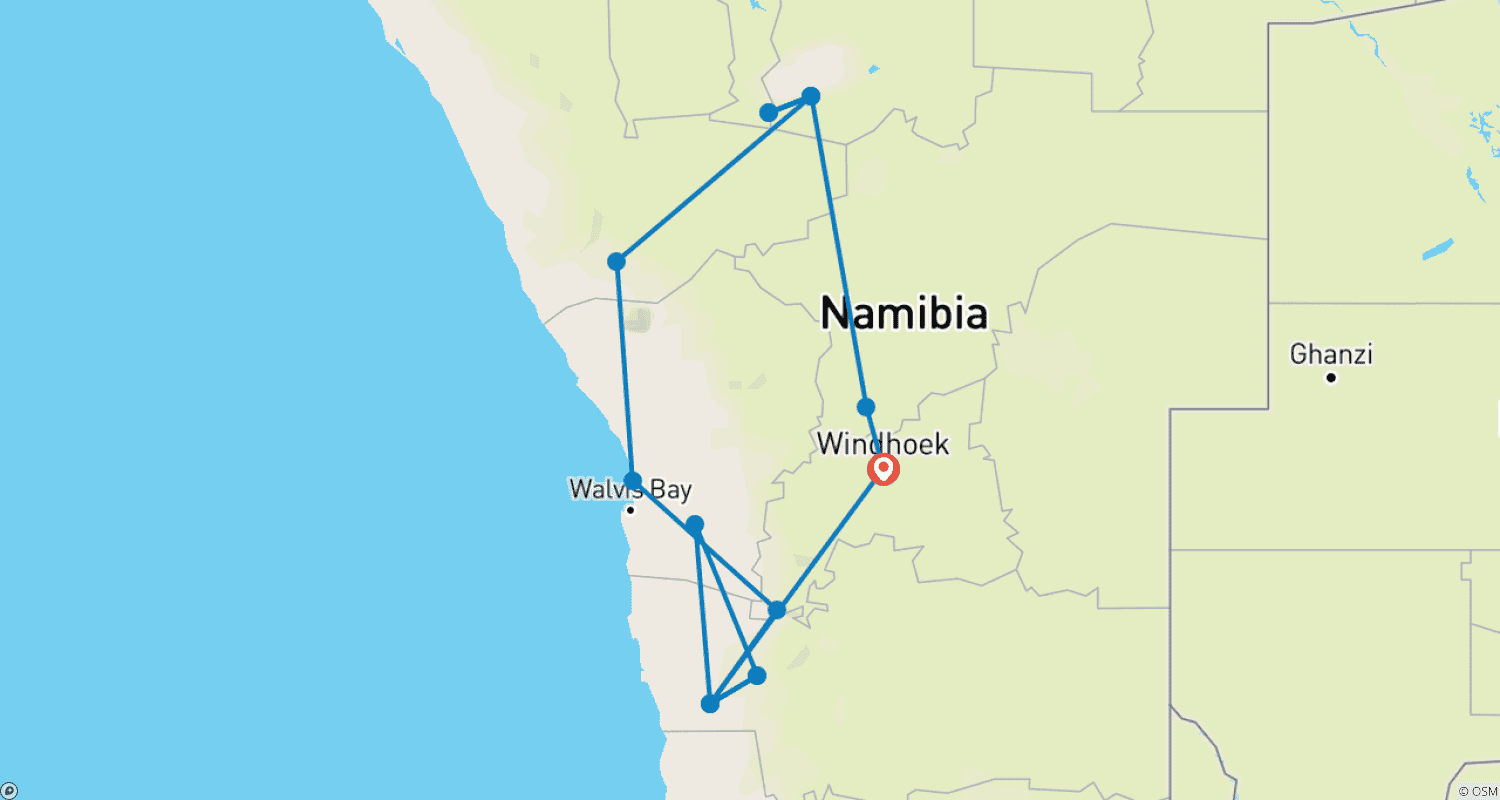 Mapa trasy: 7 Dni Najważniejsze atrakcje Namibii | Prywatny kemping z przewodnikiem