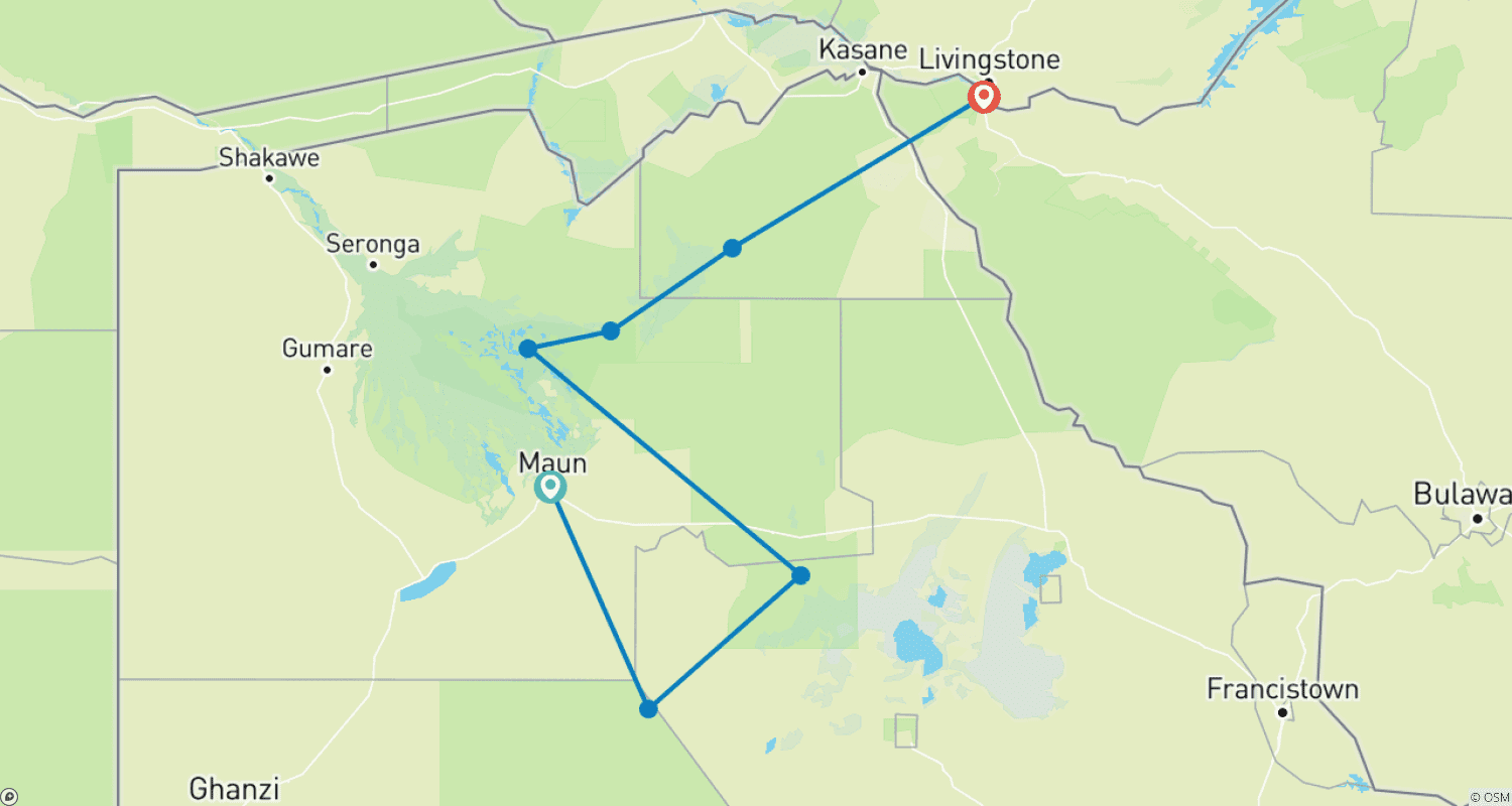 Mapa trasy: Botswana: Grupowe safari z noclegami w lodżach