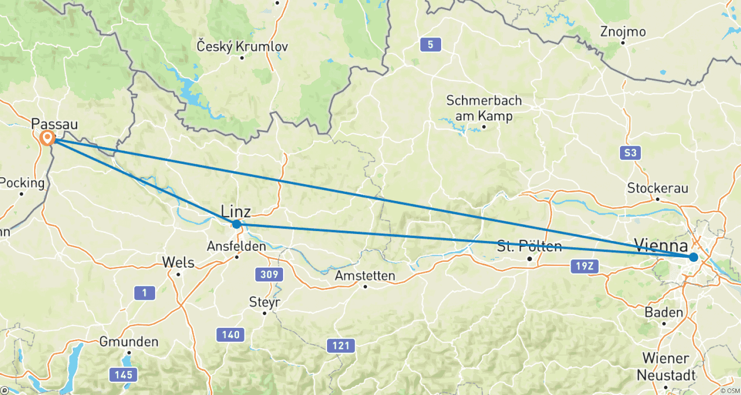 Mapa trasy: Jarmarki Bożonarodzeniowe wzdłuż Dunaju
