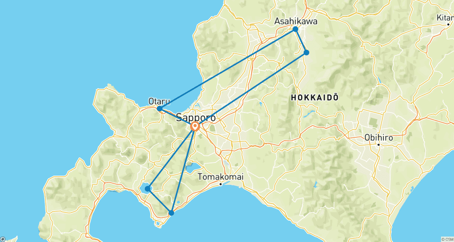 【日本】北海道7日間 登別・旭川・美瑛パッケージツアーのルートマップ