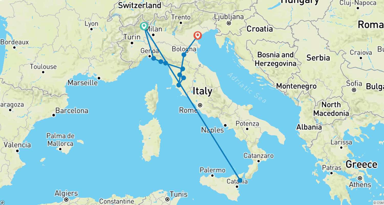 Mapa do percurso de Os Tesouros da Itália: Arte, Comida e Vinho da Itália (De Stresa a Veneza) (2025)