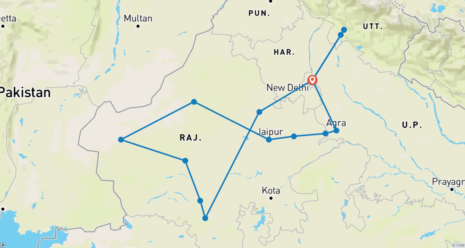 Mapa do percurso de Rajastão Real com a Capital do Yoga Rishikesh