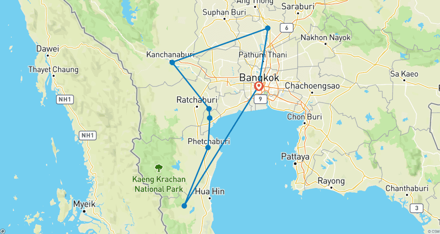 Mapa trasy: Bangkok i Centralna Tajlandia w Stylu – Baseny bez krawędzi, Luksusowa Kabina nad Rzeką Kwai i Luksusowy Resort Plażowy