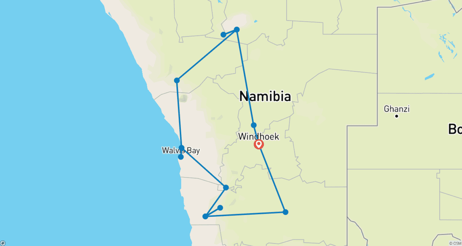 10 Days Beauty of Namibia | Auto Tour Campingのルートマップ